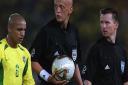 Phil Sharp, right, with Pierluigi Collina, centre, and Brazil defender Roberto Carlos