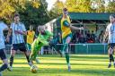 Finley Wilkinson grabs his hat-trick and the winner for Hitchin Town against Coalville. Picture: PETER ELSE