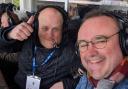 Comet Sport's Neil Metcalfe (left) pretending to work in the Stevenage press box. Picture: DEAN THOMPSON