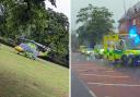 Air ambulance and emergency vehicles in Bushey yesterday.