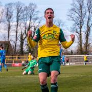 Jake Hutchinson celebrates his first goal for Hitchin Town against Peterborough Sports.