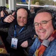 Comet Sport's Neil Metcalfe (left) pretending to work in the Stevenage press box. Picture: DEAN THOMPSON