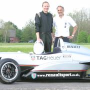 Alex Thornton (left) and Nick Edginton with Lewis Hamilton's 2003 Manor car.