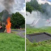 The video shows flames reaching more than two metres high at the children's playground.