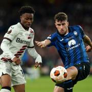 Former Bedwall Ranger Nathan Tella battles for the ball in the Europa League final against Atalanta. Picture: BRIAN LAWLESS/PA