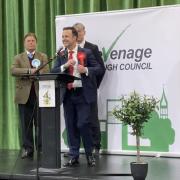 Kevin Bonavia prepares to give his victory speech at the count in Stevenage.