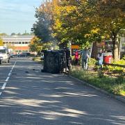 Vehicle overturned at Sainsbury's petrol station in Letchworth.