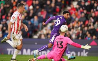 Jamie Reid fires in Stevenage's equaliser at Stoke City. Picture: MIKE EGERTON/PA