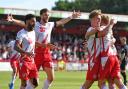 Stevenage celebrate Carl Piergianni's goal in the win over Barnsley. Picture: TGS PHOTO