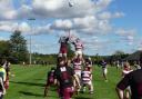 Frazer McGown (black) wins a line-out for Hitchin against Ruislip. Picture: MARTIN WIGGINS