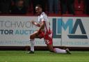 Louis Thompson of Stevenage celebrates his goal. Picture: TGS PHOTO