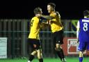 Matt Ball celebrates his goal for Stotfold against Hertford. Picture: PETER SHORT