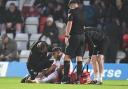 Nathan Thompson was in the wars on his return to the Stevenage starting line-up. Picture: TGS PHOTO