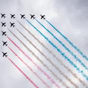 The Red Arrows perform a flypast during Armed Forces' Day at the National Memorial Arboretum in Staffordshire on Saturday, June 26, 2021. The Red Arrows are due over Wembley ahead of the Euro 2020 Final.