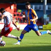 Elliott List belts in the winner for Stevenage against Shrewsbury Town. Picture: TGS PHOTO