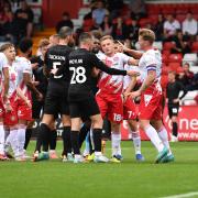 Stevenage and Lincoln City were involved in a very physical battle. Picture: TGS PHOTO