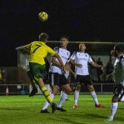 George Morrall heads in a goal for Hitchin Town against Bishop's Stortford. Picture: PETER ELSE