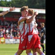 Stevenage celebrate Carl Piergianni's goal in the win over Barnsley. Picture: TGS PHOTO