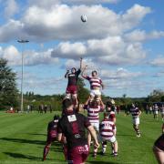 Frazer McGown (black) wins a line-out for Hitchin against Ruislip. Picture: MARTIN WIGGINS