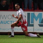 Louis Thompson of Stevenage celebrates his goal. Picture: TGS PHOTO