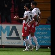 Louis Thompson and Stevenage celebrate his goal against Wrexham. Picture: TGS PHOTO