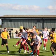 Chaos in the box as Stotfold beat Welwyn Garden City in the Southern League. Picture: HYWEL RHYS-WILLIAMS