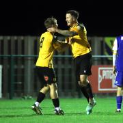 Matt Ball celebrates his goal for Stotfold against Hertford. Picture: PETER SHORT