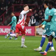 Dan Kemp celebrates putting Stevenage ahead against Reading. Picture: TGS PHOTO