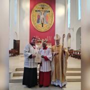 (L-R) Paul Briers, president of the Guild, Alex Rebello, and Bishop Nicholas Hudson