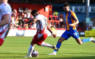 Elliott List belts in the winner for Stevenage against Shrewsbury Town. Picture: TGS PHOTO