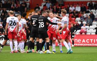 Stevenage and Lincoln City were involved in a very physical battle. Picture: TGS PHOTO