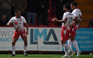 Louis Thompson and Stevenage celebrate his goal against Wrexham. Picture: TGS PHOTO