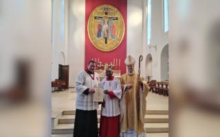 (L-R) Paul Briers, president of the Guild, Alex Rebello, and Bishop Nicholas Hudson